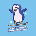 Cute penguin snowboard cartoon logo character vector icon illustration design Royalty Free Stock Photo