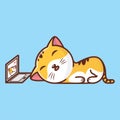 Cute cat sleep while videocall with darling cartoon logo character vector icon illustration