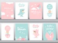 Set of baby shower invitation cards,happy birthday,poster,template,greeting,cute ,animal,Vector illustrations. Royalty Free Stock Photo