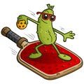 Pickle cartoon with attitude surfing on a huge pickleball paddle