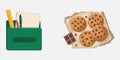 Desk Organizer and Chocolate Cookies Flat Illustration Set Royalty Free Stock Photo