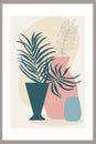 Template with abstract composition of simple shapes. tropical palm leaves in a vase. Collage style, minimalism. Pastel earthy Royalty Free Stock Photo