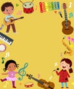 Template for advertising background in music concept with three kid musicians