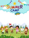 Template for advertising brochure with cartoon of children doing activities on camping. Royalty Free Stock Photo