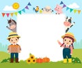 Template for advertising brochure with cartoon of farmer kids and farm animals