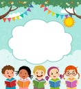 Template for advertising brochure with cartoon of happy children reading book