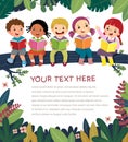 Template for advertising brochure with cartoon of happy kids on the tree branch reading book