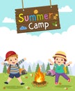 Template for advertising brochure with cartoon of kids with wooden camping sign. Royalty Free Stock Photo