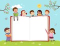 Template for advertising brochure with kids and opened book on the field Royalty Free Stock Photo