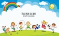 Vector playground with jumping boys and girls. Template for advertising kids brochure. Kindergarten, school children Royalty Free Stock Photo