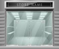 Template for advertising 3d store front facade. Realistic Exterior horizontal empty shop with Shelves. Blank mockup of