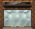 Template for advertising 3d store front facade with red brick. Exterior empty shop or boutique with transparent window