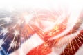 Template of American National holidays. Double exposure background with blurred waving flag of the USA and fireworks Royalty Free Stock Photo