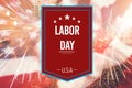 Template of American National holidays. Red sign on double exposure background with waving flag of the USA. Concept of Royalty Free Stock Photo