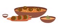 Arabic cuisine dishes vector illustration. Local food emblem. Kosher hummus and falafels on plates