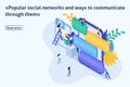 Template article banner, Isometric concept communication of young people in social networks, sending messages and photos