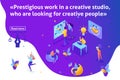 Template article banner, Isometric creative studio, creating ideas, employees develop the design. Teamwork of creative people
