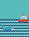 Cartoon background with a ship on the sea and a blue whale. Royalty Free Stock Photo