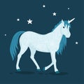 Beautiful unicorn walking in starring night. Vector hand drawn illustration
