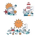 Set of three nautical-themed colorful icons. Seagull, seashells, lighthouse, navigation, and more