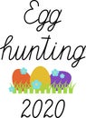 `Egg hunting 2020` hand drawn vector lettering with Easter eggs.