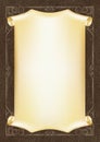 Template, background with a golden framework and scroll on piece of dark leather. Royalty Free Stock Photo