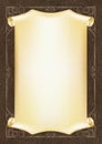 Template, background with a golden framework and scroll on piece of dark leather.