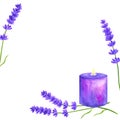 Template or background with lavender flowers and purple violet burning candle. Hand drawn watercolor illustration