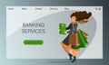 Template for a banking services website. Landing page design. Female customer of bank is holding credit card Royalty Free Stock Photo