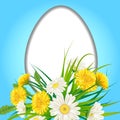 Template banner Easter egg bouquet dandelions and daisies, grass, green nature background. Vector, illustration