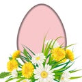 Template banner Easter egg bouquet dandelions and daisies, grass, green nature background. Vector, illustration