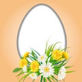 Template banner Easter egg bouquet dandelions and daisies, grass, green nature background. Vector, illustration