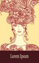 Template with Beautiful Girl with flowers hair in beige red brown colors