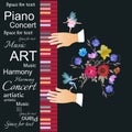 Template for a beautiful musical poster with abstract text, multicolor keyboard, musician hands, bouquet of beautiful flowers