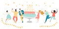 Template birthday greeting card or birthday cover with happy young people, garlands and cake with candles on a white background