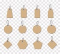 Template of blank craft brown paper price tags or gift tags on transparent background. Set of kraft shopping labels. Vector Royalty Free Stock Photo