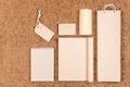 Template of blank kraft recycled paper packaging and stationery on brown coconut fiber background.