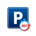 Template with blue parking 24 7. Logo, icon, label. Parking on white background. Web element. Vector stock illustration