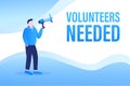 Template with blue volunteers needed man holding megaphone on white background for flyer design. Vector illustration in