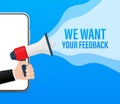 Template with blue we want your feedback hand holding megaphone on red background for flyer design. Vector illustration in flat Royalty Free Stock Photo