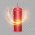 Template bottle of red for a spicy condiment, such as ketchup, realistic package of ketchup and a flame of fire , design bottle