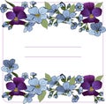 Template with bouquet of spring blue flowers Pansy and Anemones
