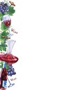 Template with bunch of fresh grapes, corkscrews, decanter, bottle and glass of red wine. Royalty Free Stock Photo