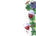 Template with bunch of fresh grapes, corkscrews and glasses of red wine. Royalty Free Stock Photo
