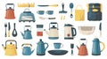 In this template, camping equipment is depicted as a kit of cooking appliances for cooking food. The kit includes a tea Royalty Free Stock Photo