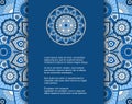Template for card or invitation with blue mandala pattern and ornament in ethnic style. Vector design with place for text Royalty Free Stock Photo