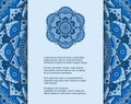 Template for card or invitation with blue mandala pattern and place for text. Vector design with ornament in ethnic style Royalty Free Stock Photo