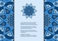 Template for card or invitation with blue mandala pattern and place for text. Vector design with ornament in ethnic style Royalty Free Stock Photo