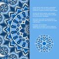 Template for card or invitation with blue ornament in ethnic style and place for text. Vector design with mandala pattern Royalty Free Stock Photo