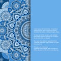 Template for card or invitation with blue ornament in ethnic style and place for text. Vector design with mandala pattern Royalty Free Stock Photo